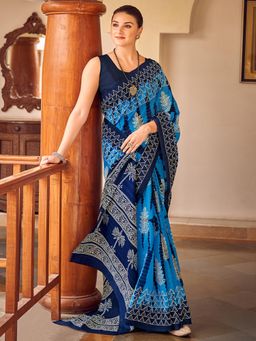 Akhilam - Womens Bhagalpuri Silk Blue Printed Celebrity Saree with Unstitched Blouse