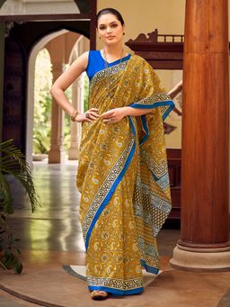 Akhilam - Womens Bhagalpuri Silk Olive Printed Celebrity Saree with Unstitched Blouse