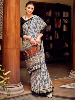 Akhilam - Womens Bhagalpuri Silk Cream Printed Celebrity Saree with Unstitched Blouse