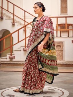 Akhilam - Womens Bhagalpuri Silk Maroon Printed Celebrity Saree with Unstitched Blouse