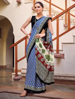 Akhilam - Womens Bhagalpuri Silk Blue Printed Celebrity Saree with Unstitched Blouse