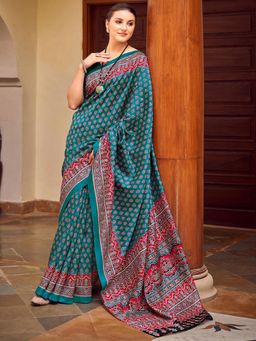 Akhilam - Womens Bhagalpuri Silk Teal Blue Printed Celebrity Saree with Unstitched Blouse