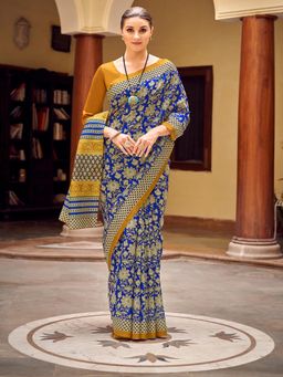 Akhilam - Womens Bhagalpuri Silk Blue Printed Celebrity Saree with Unstitched Blouse