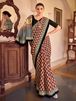 Akhilam - Womens Bhagalpuri Silk Brown Printed Celebrity Saree with Unstitched Blouse