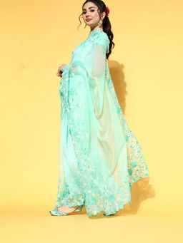 Akhilam - Mitera Womens Organza Turquoise Embroidered Celebrity Saree with Unstitched Blouse