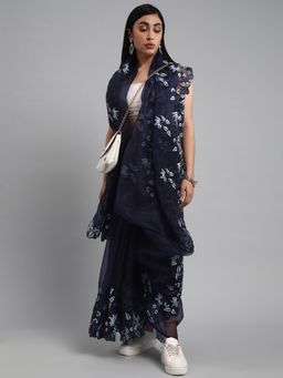 Akhilam - Mitera Womens Organza Navy Blue Embroidered Celebrity Saree with Unstitched Blouse