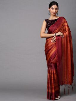 Akhilam - Womens Poly Georgette Rust Embellished Designer Saree with Unstitched Blouse