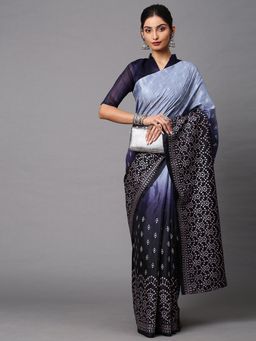 Akhilam - Womens Dola Silk Navy Blue Printed Celebrity Saree with Unstitched Blouse