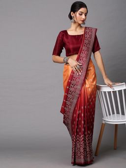 Akhilam - Womens Dola Silk Maroon Printed Celebrity Saree with Unstitched Blouse
