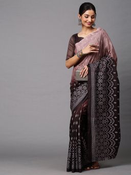 Akhilam - Womens Dola Silk Brown Printed Celebrity Saree with Unstitched Blouse
