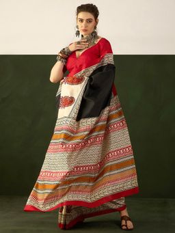 Akhilam - Womens Bhagalpuri Silk Black Printed Designer Saree with Unstitched Blouse