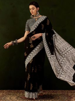 Akhilam - Womens Bhagalpuri Silk Black Printed Designer Saree with Unstitched Blouse