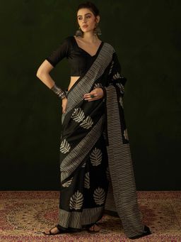 Akhilam - Womens Bhagalpuri Silk Black Printed Designer Saree with Unstitched Blouse