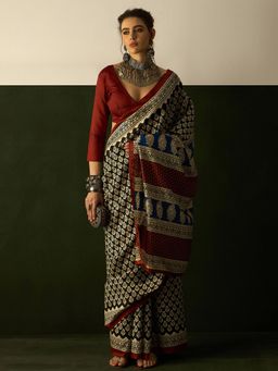 Akhilam - Womens Bhagalpuri Silk Black Printed Designer Saree with Unstitched Blouse