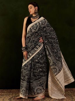 Akhilam - Womens Bhagalpuri Silk Black Printed Designer Saree with Unstitched Blouse