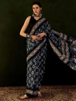 Akhilam - Womens Bhagalpuri Silk Grey Printed Designer Saree with Unstitched Blouse