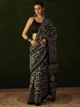 Akhilam - Womens Bhagalpuri Silk Black Printed Designer Saree with Unstitched Blouse