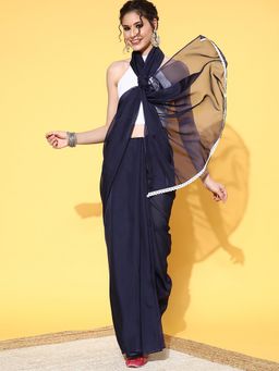 Sareemall - Womens Organza Navy Blue Solid Celebrity Saree with Unstitched Blouse
