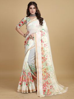 Akhilam - Womens Cotton Blend Cream Printed Designer Saree with Unstitched Blouse
