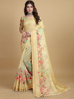 Akhilam - Womens Cotton Blend Yellow Printed Designer Saree with Unstitched Blouse