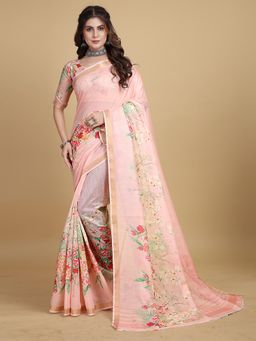 Akhilam - Womens Cotton Blend Pink Printed Designer Saree with Unstitched Blouse