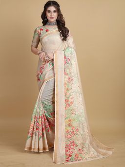 Akhilam - Womens Cotton Blend Beige Printed Designer Saree with Unstitched Blouse