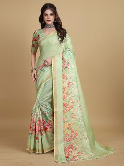 Akhilam - Womens Cotton Blend Light Green Printed Designer Saree with Unstitched Blouse