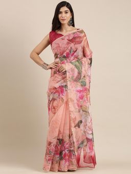 Sareemall - Womens Organza Peach Digital Print Celebrity Saree with Unstitched Blouse
