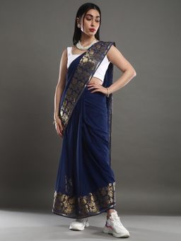Akhilam - Womens Georgette Navy Blue Handloom Designer Saree with Unstitched Blouse