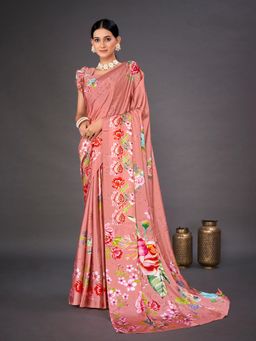 Akhilam - Womens Crepe Pink Digital Print Designer Saree with Unstitched Blouse