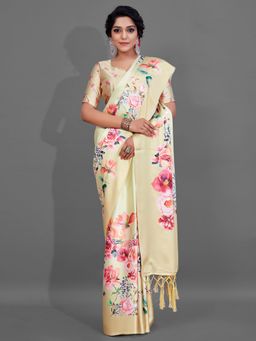 Akhilam - Womens Crepe Cream Digital Print Designer Saree with Unstitched Blouse