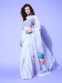 Sareemall - Womens Organza Grey Digital Print Designer Saree with Unstitched Blouse