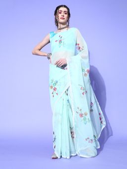 Sareemall - Womens Organza Light Green Digital Print Designer Saree with Unstitched Blouse