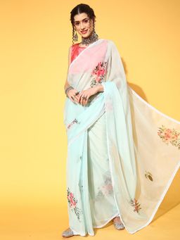 Sareemall - Womens Organza Sea Green Digital Print Designer Saree with Unstitched Blouse