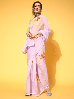 Sareemall - Womens Organza Lavendar Digital Print Designer Saree with Unstitched Blouse