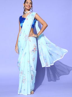 Sareemall - Womens Organza Turquoise Digital Print Designer Saree with Unstitched Blouse
