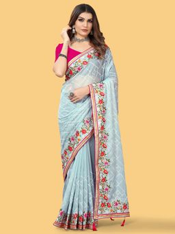 Akhilam - Womens Organza Grey Embroidered Designer Saree with Unstitched Blouse