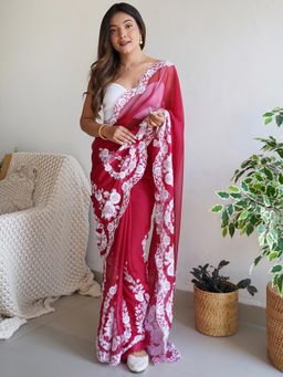Akhilam - Womens Organza Maroon Embroidered Designer Saree with Unstitched Blouse
