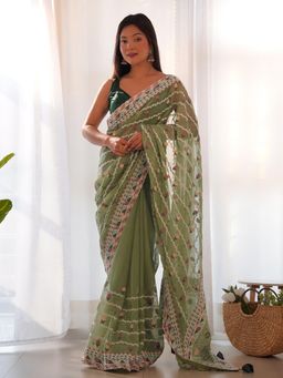 Sareemall - Womens Net Light Green Embroidered Designer Saree with Unstitched Blouse