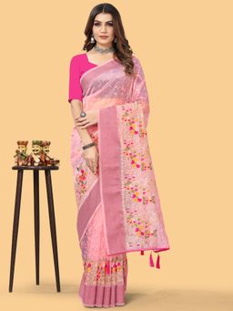 Akhilam - Womens Organza Pink Embroidered Designer Saree with Unstitched Blouse