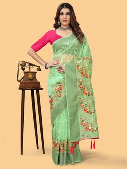 Akhilam - Womens Organza Light Green Embroidered Designer Saree with Unstitched Blouse