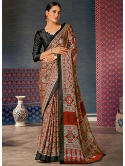Sareemall - Womens Crepe Brown Digital Print Designer Saree with Unstitched Blouse
