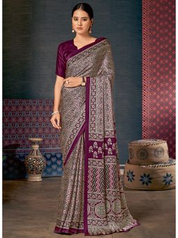 Sareemall - Womens Crepe Purple Digital Print Designer Saree with Unstitched Blouse