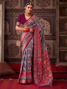 Sareemall - Womens Tussar Silk Grey Printed Designer Saree with Unstitched Blouse