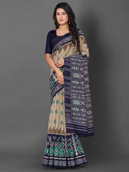 Akhilam - Womens Bhagalpuri Silk Beige Printed Designer Saree with Unstitched Blouse