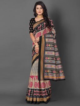 Akhilam - Womens Bhagalpuri Silk Beige Printed Designer Saree with Unstitched Blouse