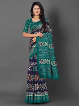 Akhilam - Womens Bhagalpuri Silk Navy Blue Printed Designer Saree with Unstitched Blouse