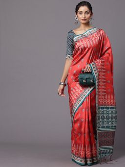 Akhilam - Womens Silk Blend Red Printed Designer Saree with Unstitched Blouse