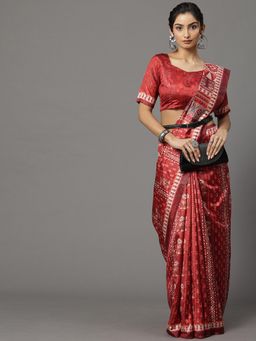 Akhilam - Womens Silk Blend Maroon Printed Designer Saree with Unstitched Blouse