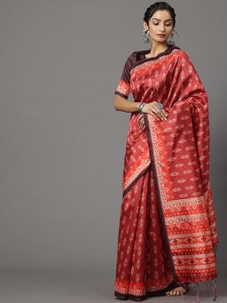 Akhilam - Womens Silk Blend Maroon Printed Designer Saree with Unstitched Blouse